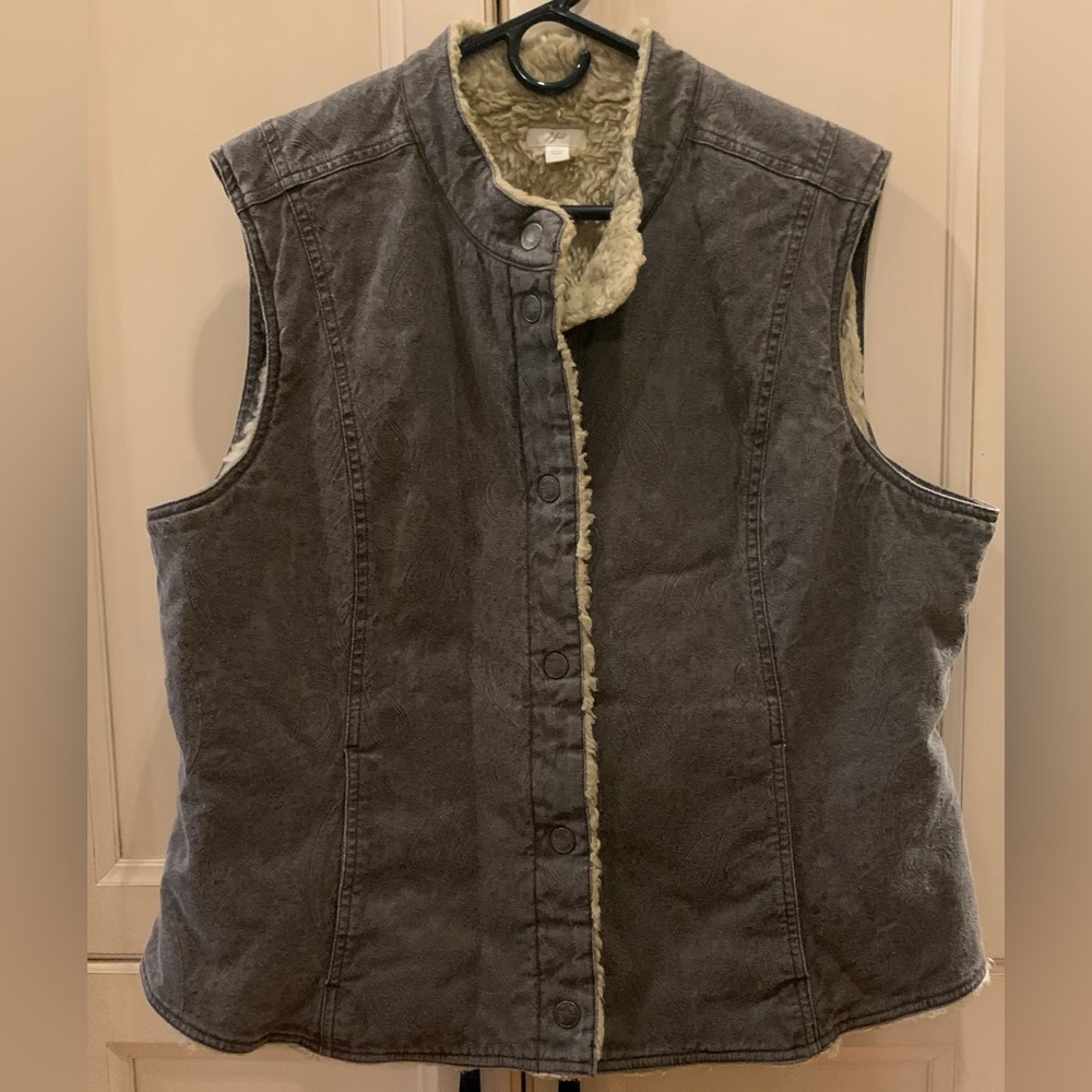 J. Jill Brown Paisley Imprinted Sherpa Lined Button Down Vest Women’s Size XL